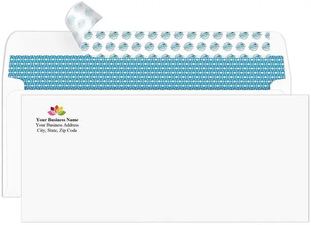 Main image of #10 Personalized Custom Envelopes with Logo, Security Self-Seal 100ct | Security tinted, Self-seal, 4-1/8 x 9-1/2, 24 lb white paper, Return address printing, Full-color logo, Box of 100 (7-34010)