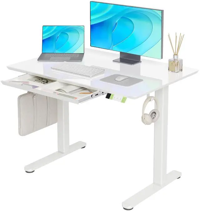 Main image of Glass Standing Desk with Drawers 40x24 Inch Super White | Tempered Glass Top, Ergonomic, 3 Memory Presets, Adjustable Height, Stand Up Desk
