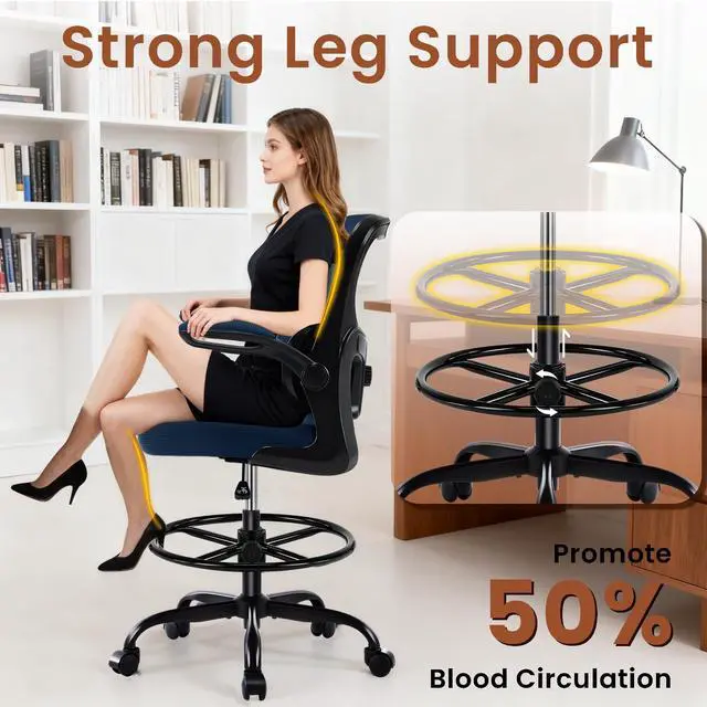 Alt view image 3 of 7 - Drafting Office Chair - Ergonomic Tall Office Chair with Adjustable Footrest Ring - Counter Height Adjustable Rolling Standing Desk Chair with Lumbar Support and Flip-up Armrests for Home