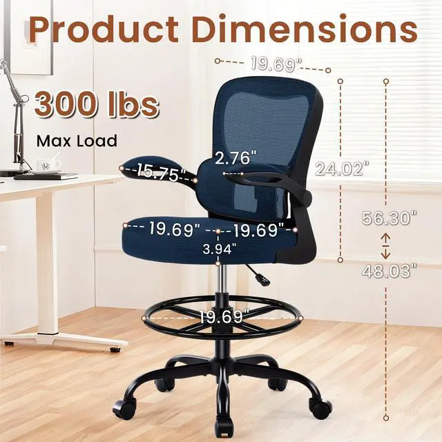 Alt view image 2 of 7 - Drafting Office Chair - Ergonomic Tall Office Chair with Adjustable Footrest Ring - Counter Height Adjustable Rolling Standing Desk Chair with Lumbar Support and Flip-up Armrests for Home