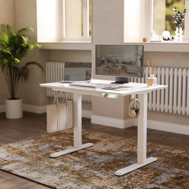 Alt view image 2 of 7 - Glass Standing Desk with Drawers 40x24 Inch Super White | Tempered Glass Top, Ergonomic, 3 Memory Presets, Adjustable Height, Stand Up Desk