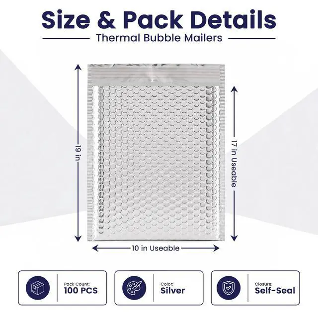 Alt view image 6 of 6 - Waterproof Insulated Foil Thermal Bubble Mailers 10x17, 100-Pack | Ideal for food, skincare, cosmetics & perishables. Tear-resistant metallic lining protects temperature-sensitive items