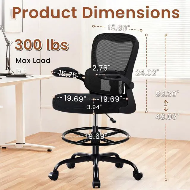 Alt view image 2 of 7 - Drafting Office Chair - Ergonomic Tall Office Chair with Adjustable Footrest Ring - Counter Height Adjustable Rolling Standing Desk Chair with Lumbar Support and Flip-up Armrests for Home