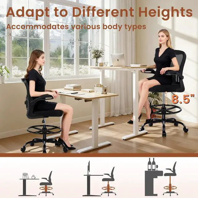 Alt view image 5 of 7 - Drafting Office Chair - Ergonomic Tall Office Chair with Adjustable Footrest Ring - Counter Height Adjustable Rolling Standing Desk Chair with Lumbar Support and Flip-up Armrests for Home