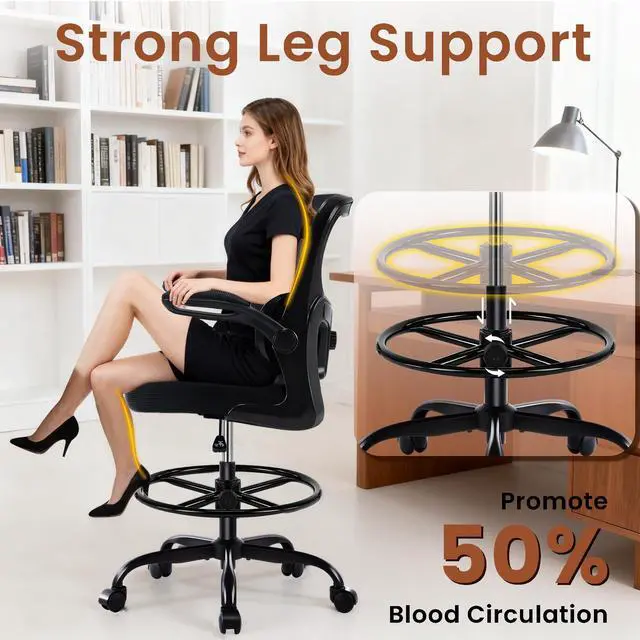 Alt view image 3 of 7 - Drafting Office Chair - Ergonomic Tall Office Chair with Adjustable Footrest Ring - Counter Height Adjustable Rolling Standing Desk Chair with Lumbar Support and Flip-up Armrests for Home