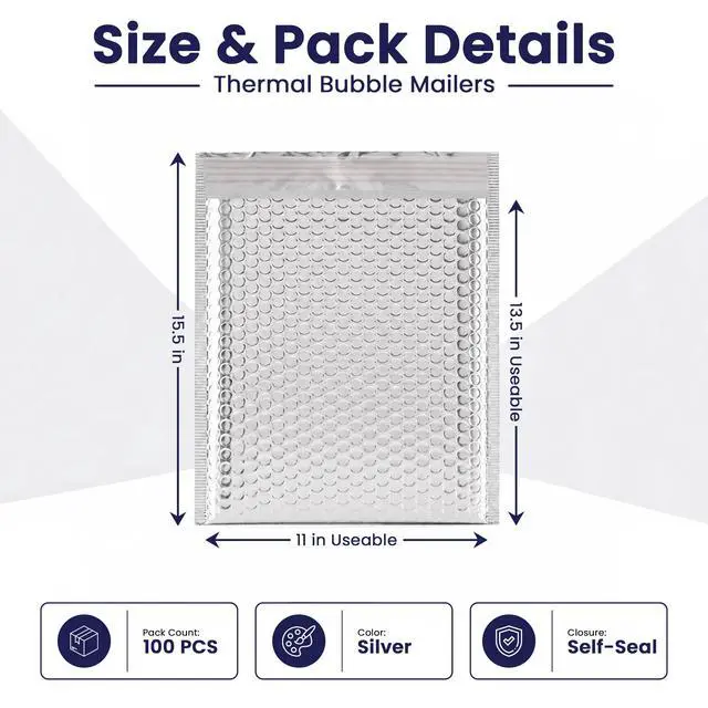 Alt view image 2 of 7 - Waterproof Insulated Foil Thermal Bubble Mailers 13.5x11, 100-Pack | Ideal for food, skincare, cosmetics & perishables. Tear-resistant metallic lining protects temperature-sensitive items