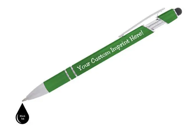 Alt view image 5 of 6 - Modern Metallic Personalized Pens, Green, Ultra-Smooth Black Ink, Responsive Clip Action, Bright Finished Barrel, Capacitive Stylus Tip