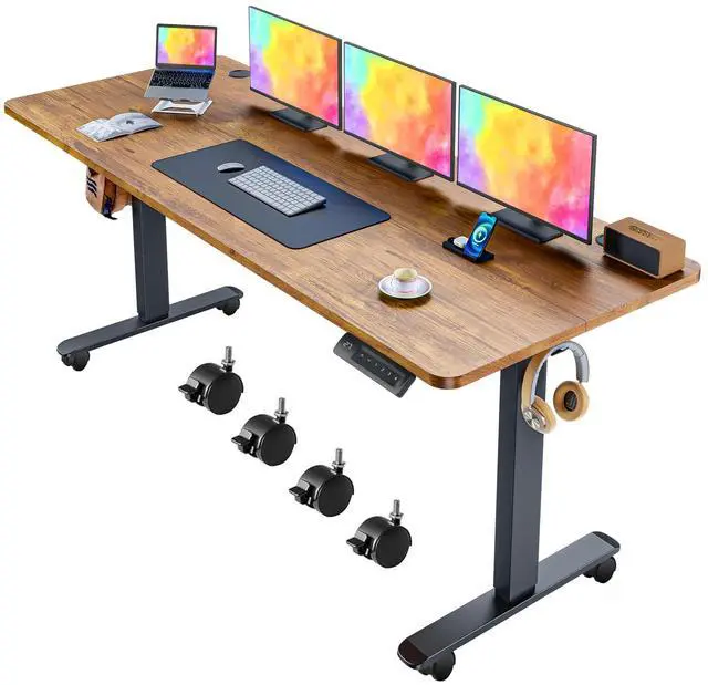 Main image of Electric Adjustable Standing Desk with Wheels, 63'' x 24''Sit Stand Desk with Dual Crossbeam Structure and Mouse Pad, 27''-46'' Lifting Range Stand up Desk(Brown)