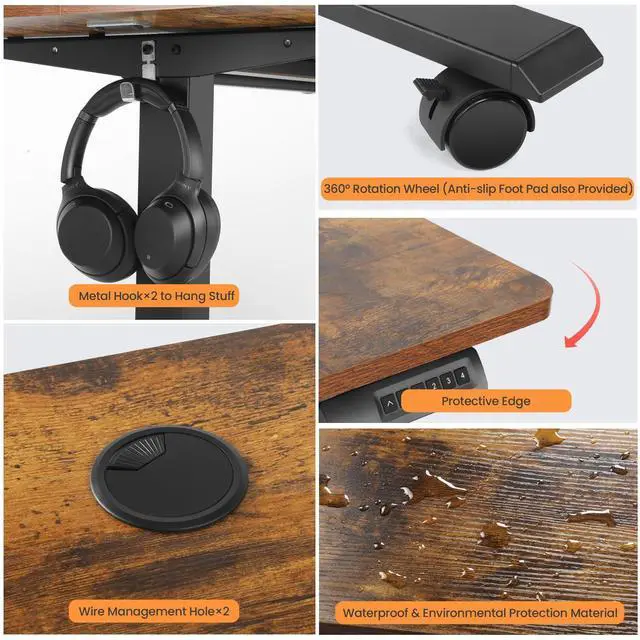 Alt view image 4 of 7 - Electric Adjustable Standing Desk with Wheels, 63'' x 24''Sit Stand Desk with Dual Crossbeam Structure and Mouse Pad, 27''-46'' Lifting Range Stand up Desk(Brown)