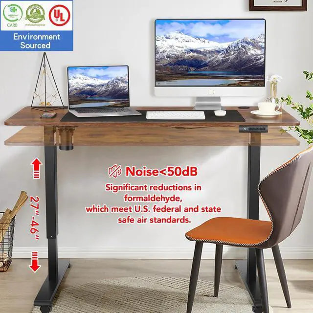 Alt view image 6 of 7 - Electric Adjustable Standing Desk with Wheels, 63'' x 24''Sit Stand Desk with Dual Crossbeam Structure and Mouse Pad, 27''-46'' Lifting Range Stand up Desk(Brown)