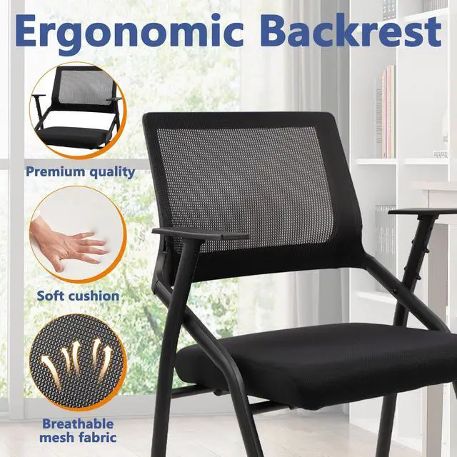 Alt view image 4 of 7 - Stackable & Foldable Office Chairs with Ergonomic Lumbar Support and Thickened Seat Cushion, Folding Mesh Fabric Reception Guest Chair for School Church Conference Waiting Room Black (2pk)