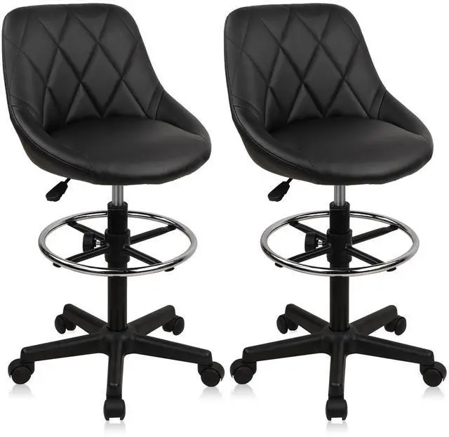 Main image of Drafting Chair with Backrest and Wheels, Set of 2 Adjustable Footrest Height Rolling Stool, PU Leather Tall Swivel Chairs Work Shop Office Desk Stools for Home Work Shop Kitchen Bar