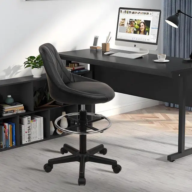 Alt view image 2 of 7 - Drafting Chair with Backrest and Wheels, Adjustable Footrest Height Rolling Stool, PU Leather Tall Swivel Chairs Work Shop Office Desk Stools for Home Work Shop Kitchen Bar