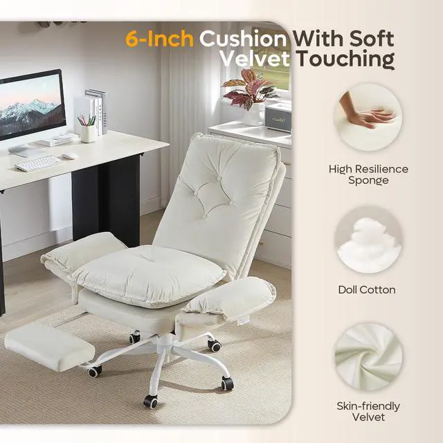 Alt view image 5 of 5 - Criss Cross Office Chair with Footrest, Beige Velvet | High Back Executive Chair with Flip-Up Armrests Wheels, Cross Legged Desk Chair for Home Office Makeup