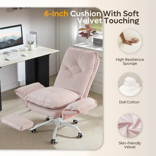 Alt view image 5 of 6 - High Back Executive Chair with Flip-Up Armrests Wheel, Pink Velvet | Criss Cross Office Chair with Footrest Wheels, Cross Legged Desk Chair for Gaming Home Makeup