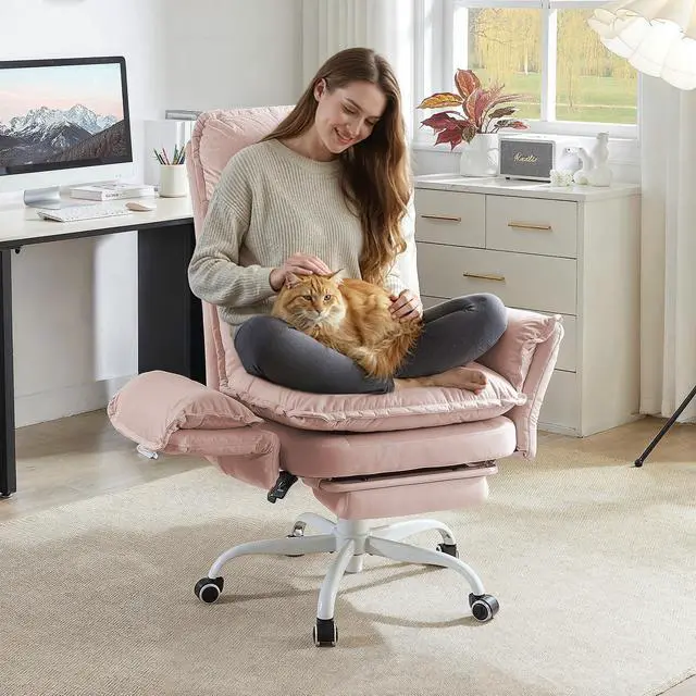 Alt view image 6 of 6 - High Back Executive Chair with Flip-Up Armrests Wheel, Pink Velvet | Criss Cross Office Chair with Footrest Wheels, Cross Legged Desk Chair for Gaming Home Makeup