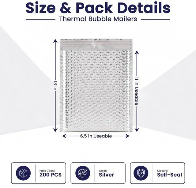 Alt view image 2 of 7 - Waterproof Self-Seal Insulated Foil Thermal Bubble Mailers 6.5x11, 200-Pack | Ideal for cosmetics, supplements, skincare & small perishables. Tear-resistant metallic lining keeps items hot or cold