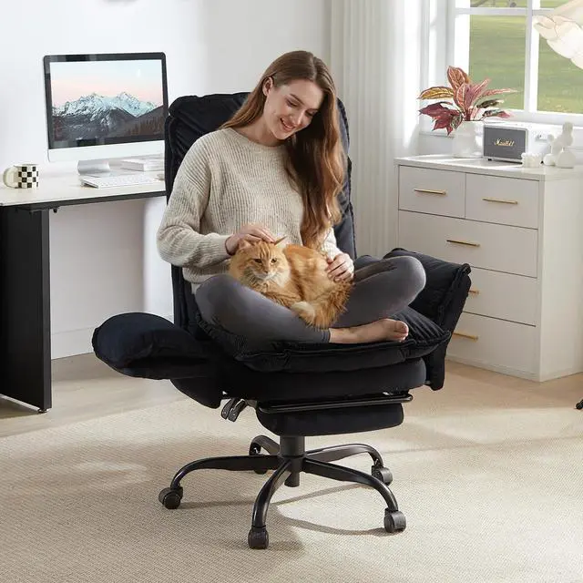 Alt view image 6 of 6 - High Back Executive Chair with Flip-Up Armrests Wheel, Black Velvet | Ergonomic Criss Cross Office Chair with Footrest Wheels, Cross Legged Desk Chair for Gaming Home Makeup