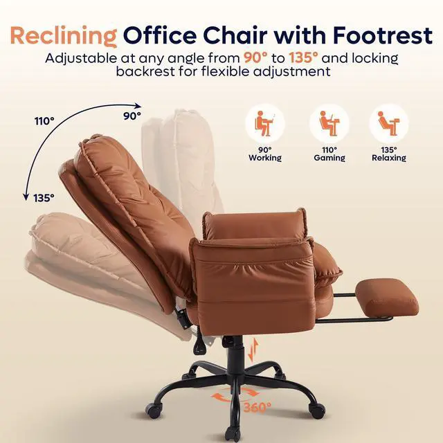Alt view image 3 of 7 - High Back Executive Chair with Footrest, PU Leather Brown | Big and Tall Reclining Office Chair with Reversible Armrests and Wheels for Gaming Home Office