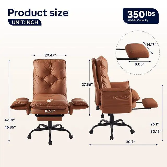 Alt view image 4 of 7 - High Back Executive Chair with Footrest, PU Leather Brown | Big and Tall Reclining Office Chair with Reversible Armrests and Wheels for Gaming Home Office