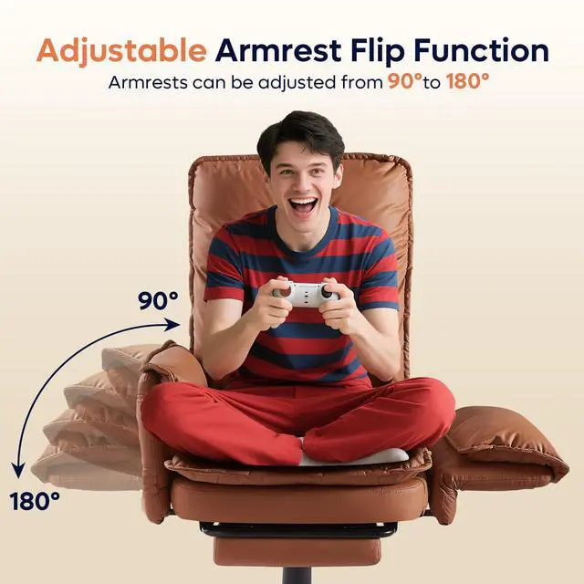 Alt view image 2 of 7 - High Back Executive Chair with Footrest, PU Leather Brown | Big and Tall Reclining Office Chair with Reversible Armrests and Wheels for Gaming Home Office