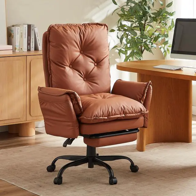 Alt view image 5 of 7 - High Back Executive Chair with Footrest, PU Leather Brown | Big and Tall Reclining Office Chair with Reversible Armrests and Wheels for Gaming Home Office