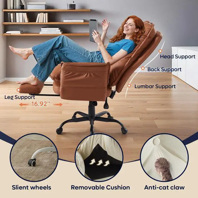 Alt view image 6 of 7 - High Back Executive Chair with Footrest, PU Leather Brown | Big and Tall Reclining Office Chair with Reversible Armrests and Wheels for Gaming Home Office
