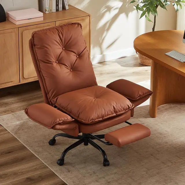 Alt view image 7 of 7 - High Back Executive Chair with Footrest, PU Leather Brown | Big and Tall Reclining Office Chair with Reversible Armrests and Wheels for Gaming Home Office