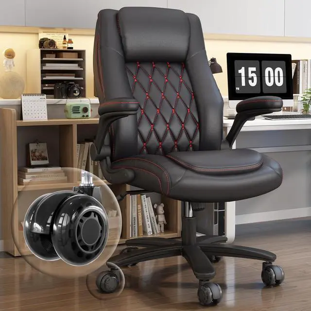 Main image of High Back Executive Office Desk Chair, Leather Computer Chair, Black | 2.6"Rubber Wheels, Flip-up Arms, Heavy Duty Base, Thick Padded Seat, Lumbar Support, Home, Conference Rooms, Reception Areas