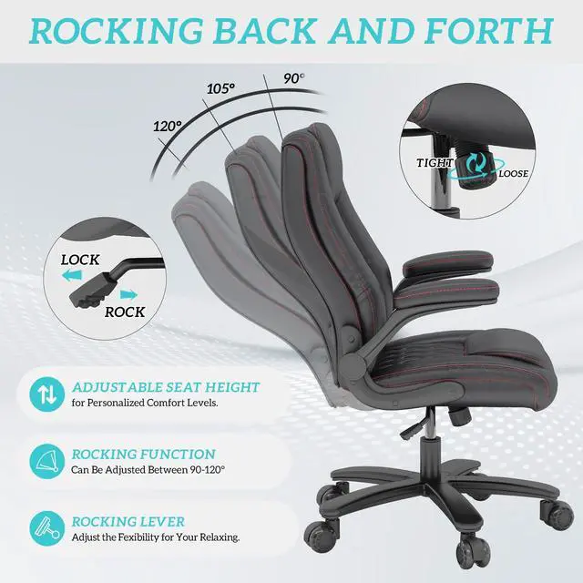 Alt view image 4 of 7 - High Back Executive Office Desk Chair, Leather Computer Chair, Black | 2.6"Rubber Wheels, Flip-up Arms, Heavy Duty Base, Thick Padded Seat, Lumbar Support, Home, Conference Rooms, Reception Areas