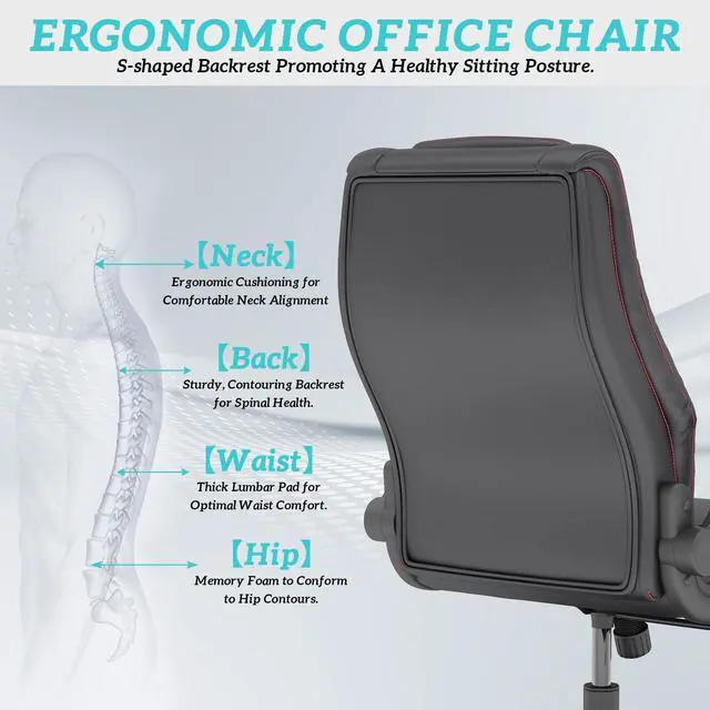 Alt view image 7 of 7 - High Back Executive Office Desk Chair, Leather Computer Chair, Black | 2.6"Rubber Wheels, Flip-up Arms, Heavy Duty Base, Thick Padded Seat, Lumbar Support, Home, Conference Rooms, Reception Areas