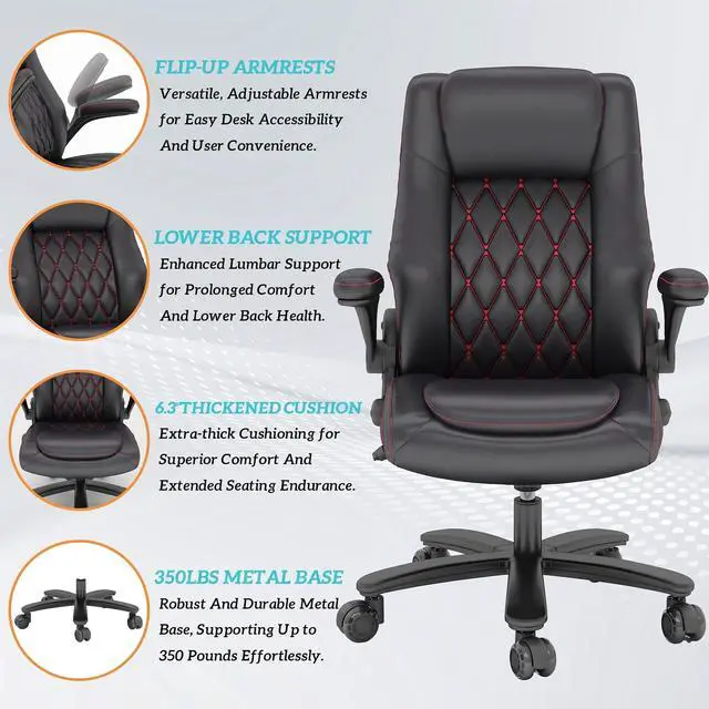 Alt view image 6 of 7 - High Back Executive Office Desk Chair, Leather Computer Chair, Black | 2.6"Rubber Wheels, Flip-up Arms, Heavy Duty Base, Thick Padded Seat, Lumbar Support, Home, Conference Rooms, Reception Areas