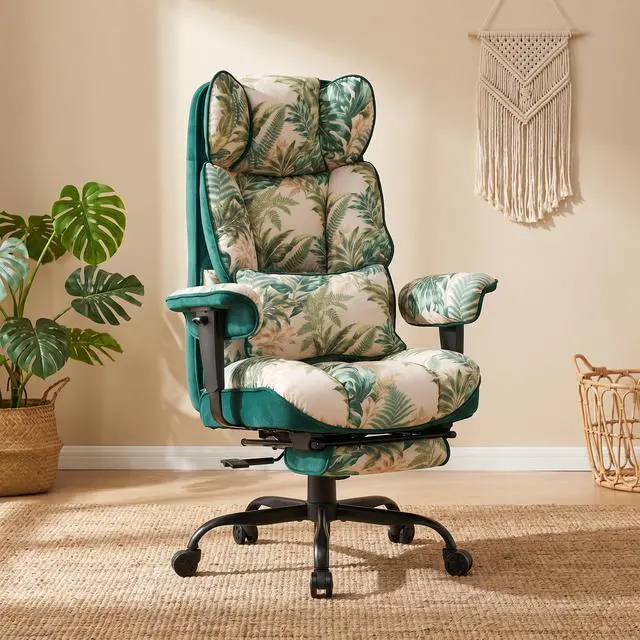 Main image of Big and Tall Office Chair 400lbs - Heavy Duty Boho Desk Chair with Footrest, Oversized 22" Wide 6-Inch Pocket Spring Seat, Reclining Tropical Botanical Fabric Computer Chair for Home, Green