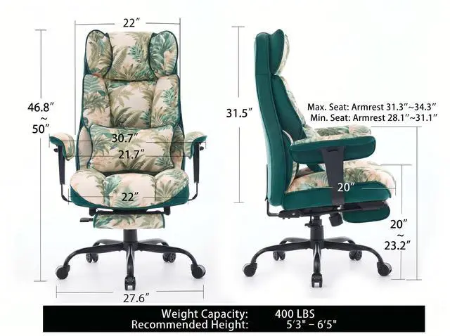 Alt view image 2 of 7 - Big and Tall Office Chair 400lbs - Heavy Duty Boho Desk Chair with Footrest, Oversized 22" Wide 6-Inch Pocket Spring Seat, Reclining Tropical Botanical Fabric Computer Chair for Home, Green