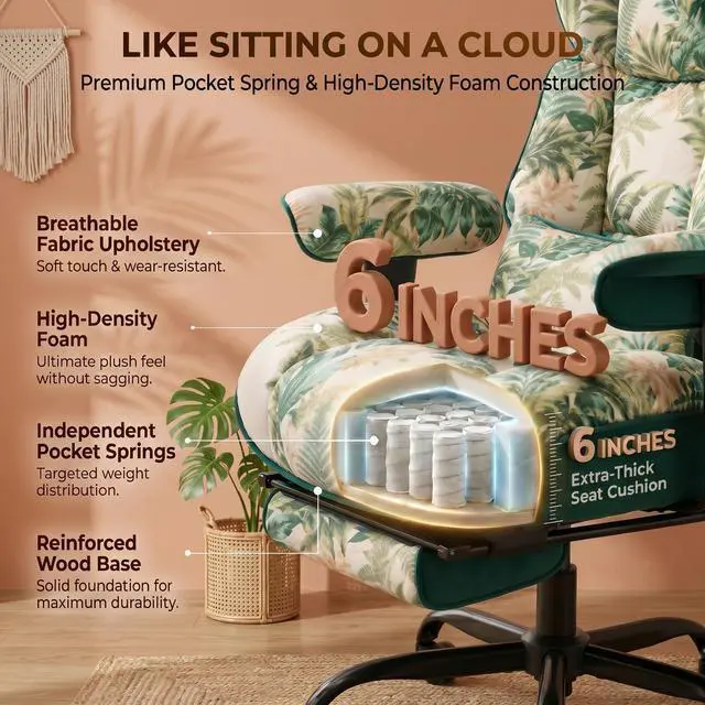 Alt view image 3 of 7 - Big and Tall Office Chair 400lbs - Heavy Duty Boho Desk Chair with Footrest, Oversized 22" Wide 6-Inch Pocket Spring Seat, Reclining Tropical Botanical Fabric Computer Chair for Home, Green