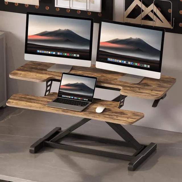 Alt view image 2 of 7 - Standing Desk Converter 40" Wide Desk Riser for Multi-Device, Large Desktop Sit Stand Workstation for Dual Monitors, Ergonomic Height Adjustable Stand Up Desk Riser, Rustic Brown