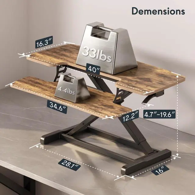 Alt view image 3 of 7 - Standing Desk Converter 40" Wide Desk Riser for Multi-Device, Large Desktop Sit Stand Workstation for Dual Monitors, Ergonomic Height Adjustable Stand Up Desk Riser, Rustic Brown