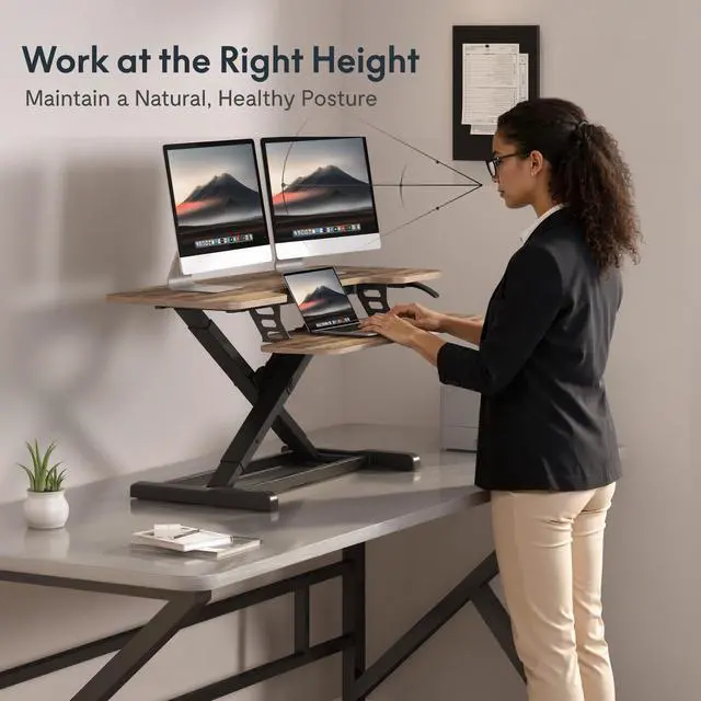 Alt view image 6 of 7 - Standing Desk Converter 40" Wide Desk Riser for Multi-Device, Large Desktop Sit Stand Workstation for Dual Monitors, Ergonomic Height Adjustable Stand Up Desk Riser, Rustic Brown
