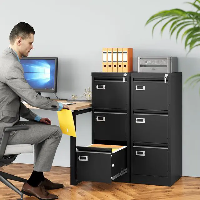 Alt view image 2 of 7 - 3 Drawer File Cabinet with Lock and Tag,Narrow Three Drawer Filing Cabinet,Vertical Metal File Cabinets,Small Black Filing Cabinets for Home Office Fit Letter/A4/Legal Size File,Easy Assembly