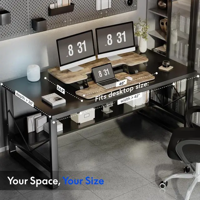 Alt view image 7 of 7 - Standing Desk Converter 40" Wide Desk Riser for Multi-Device, Large Desktop Sit Stand Workstation for Dual Monitors, Ergonomic Height Adjustable Stand Up Desk Riser, Rustic Brown