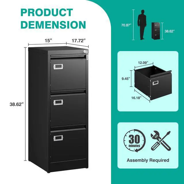 Alt view image 3 of 7 - 3 Drawer File Cabinet with Lock and Tag,Narrow Three Drawer Filing Cabinet,Vertical Metal File Cabinets,Small Black Filing Cabinets for Home Office Fit Letter/A4/Legal Size File,Easy Assembly