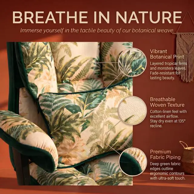 Alt view image 4 of 7 - Big and Tall Office Chair 400lbs - Heavy Duty Boho Desk Chair with Footrest, Oversized 22" Wide 6-Inch Pocket Spring Seat, Reclining Tropical Botanical Fabric Computer Chair for Home, Green