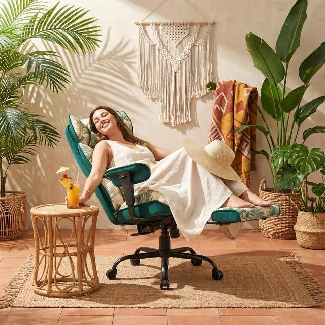 Alt view image 5 of 7 - Big and Tall Office Chair 400lbs - Heavy Duty Boho Desk Chair with Footrest, Oversized 22" Wide 6-Inch Pocket Spring Seat, Reclining Tropical Botanical Fabric Computer Chair for Home, Green