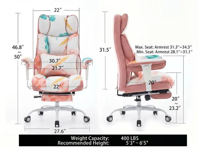 Alt view image 2 of 7 - Big and Tall Office Chair 400lbs - Heavy Duty Desk Chair with Footrest, 6-Inch Extra Thick Pocket Spring Seat, Modern Aesthetic Soft Fabric Computer Chair for Home Studio, Watercolor Pink