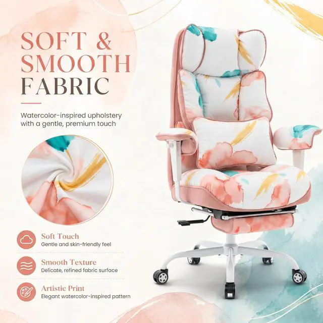 Alt view image 4 of 7 - Big and Tall Office Chair 400lbs - Heavy Duty Desk Chair with Footrest, 6-Inch Extra Thick Pocket Spring Seat, Modern Aesthetic Soft Fabric Computer Chair for Home Studio, Watercolor Pink
