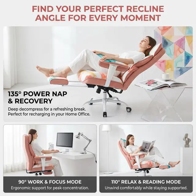 Alt view image 6 of 7 - Big and Tall Office Chair 400lbs - Heavy Duty Desk Chair with Footrest, 6-Inch Extra Thick Pocket Spring Seat, Modern Aesthetic Soft Fabric Computer Chair for Home Studio, Watercolor Pink