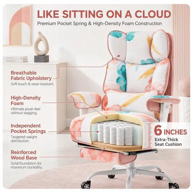 Alt view image 3 of 7 - Big and Tall Office Chair 400lbs - Heavy Duty Desk Chair with Footrest, 6-Inch Extra Thick Pocket Spring Seat, Modern Aesthetic Soft Fabric Computer Chair for Home Studio, Watercolor Pink