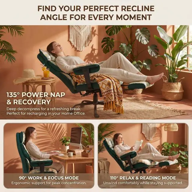 Alt view image 7 of 7 - Big and Tall Office Chair 400lbs - Heavy Duty Boho Desk Chair with Footrest, Oversized 22" Wide 6-Inch Pocket Spring Seat, Reclining Tropical Botanical Fabric Computer Chair for Home, Green