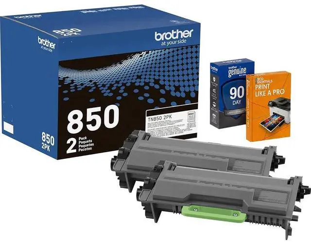 Main image of Genuine TN850 2-Pack Black High Yield Toner Cartridge, Up to 8,000 Pages Each, Bundle with Deco Essentials Printer eBook for HL-L6200DW, MFC-L5800DW, MFC-L5700DW, HL-L5200DW, HL-L5100DN