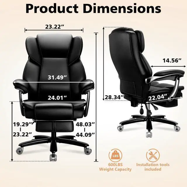 Alt view image 3 of 7 - 500lbs Reclining Big and Tall Office Chair for Heavy People with Foot Rest | Heavy Duty Executive Desk Chair,High Back Computer Chair,Adjustable Lumbar Support,Pocket Spring Cushion